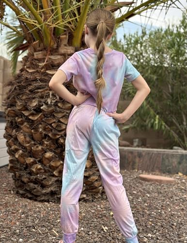 Image of Flypigs Girls Clothing Sets Tie Dye 2 Piece Outfits Short Sleeve Twist Front Tops and Sweatpants Sportswear Tracksuits