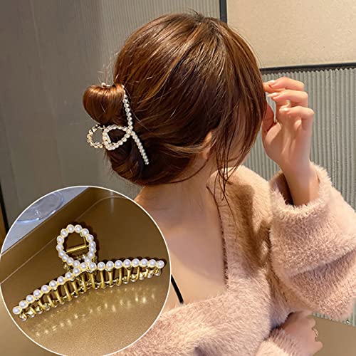 Large Metal Hair Claw For Women With Pearls 4.3 Inch Non-Slip Hair Clips Thick Hair Threaded Gold Claw Clips Shining Strong Crab Claws Cross Hair Barrettes 2 Pack (Matte Gold+Pearl Gold ) #TOP1