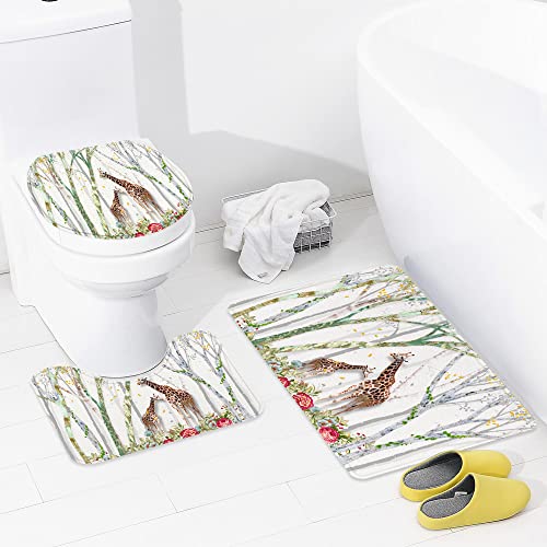 Badematte Badvorleger Set 3-tlg. Teppich, Giraffen-Safari 3D-Giraffen-Wald-Baum-Blumen-Thema-wild lebende afrikanische D… – Bild 4