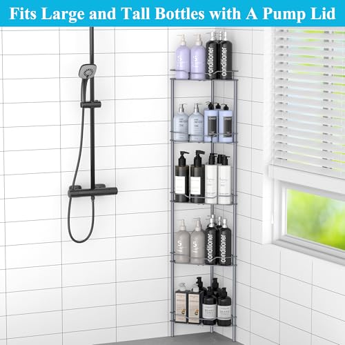 Image of HuggieGems 5 Tier Floor Standing Corner Shower Caddy Organizer Shelf with Hooks, Bathroom Shelves Stand Rack, Dark Gray