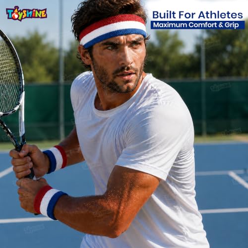 Image of Toyshine 3 Pieces Sweatbands Set, Includes Sports Headband and Wrist Sweatbands Striped Sweat Band for Athletic Men and Women SSTP