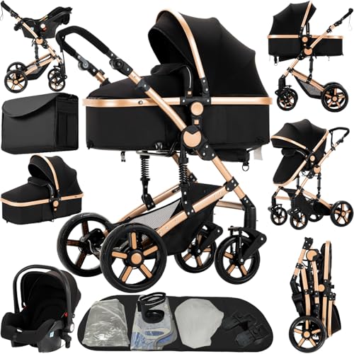 Reenborn Carrito Bebe 3 en 1, Carro Bebe con Dos Modos de Empuje Reversibles, Cochecito Bebe 3 Piezas con Marco de Aluminio, Carricoche Bebe con Diseño Plegable con Un Solo Clic (588 Black Gold)
