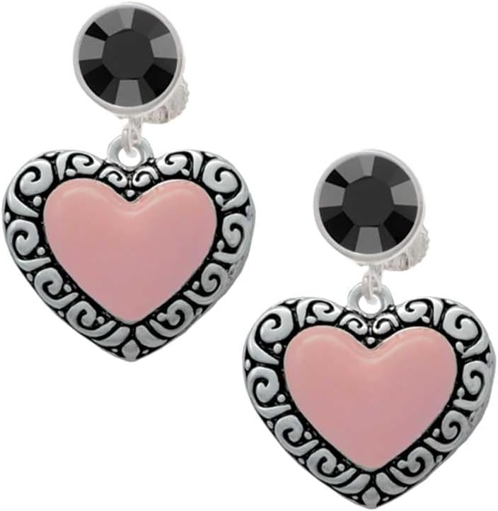 Delight Jewelry Silvertone Large Pink Enamel Heart with Swirl Border - Large Crystal Clip on Earrings