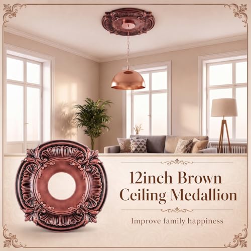 Image of 2 Pieces PU Ceiling Medallion Decorative Ceiling Fan Medallion Round Home Lighting for Light Fixtures Chandeliers, 12 inchod x 3.5 inchID (Brown)
