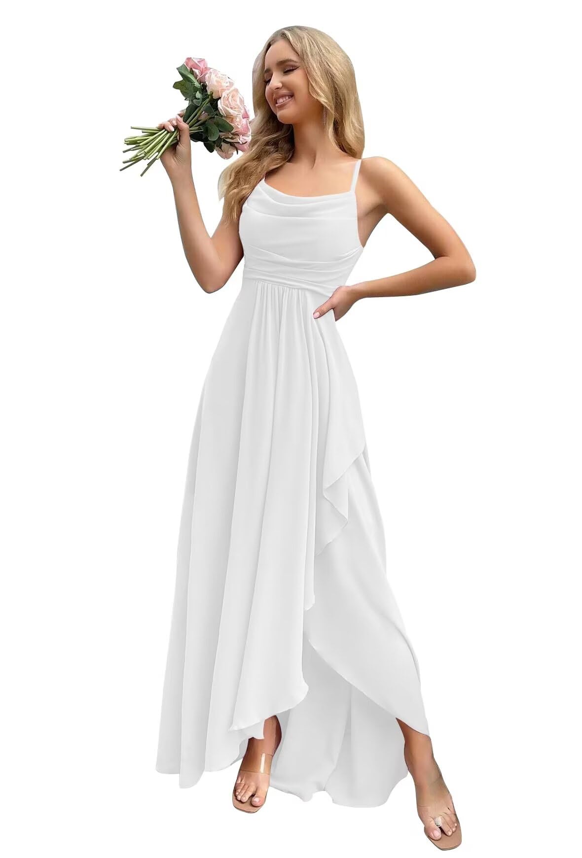 vintys Women's Chiffon Bridesmaid Dresses Long with Slit A Line Formal Dress with Pockets VS085B