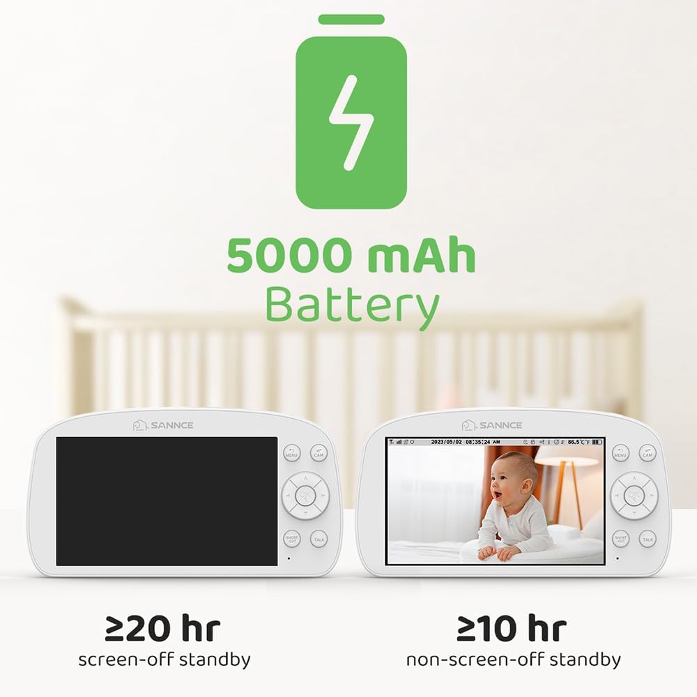 SANNCE Vigilabebés con cámara y luz nocturna – Pantalla 720P 5,5 pulgadas 1080P Baby Monitor 5000 mAh batería con alarma de temperatura, apagón, PTZ, visión nocturna por infrarrojos, recordatorio de