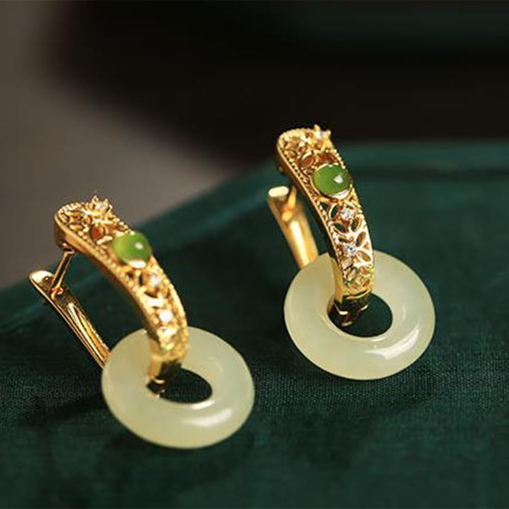 S925 Silver Gold-Plated Natural White Jade Peaceful Buckle Ruyi Earrings for Women Yoga Genuine