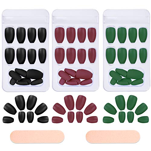 72 Pieces Matte Fake Nails Full Cover Ballerina False Nails Pure Color Coffin Nails Medium Square Acrylic Artificial Nail Tips for Women and Girls (Black, Red, Green)