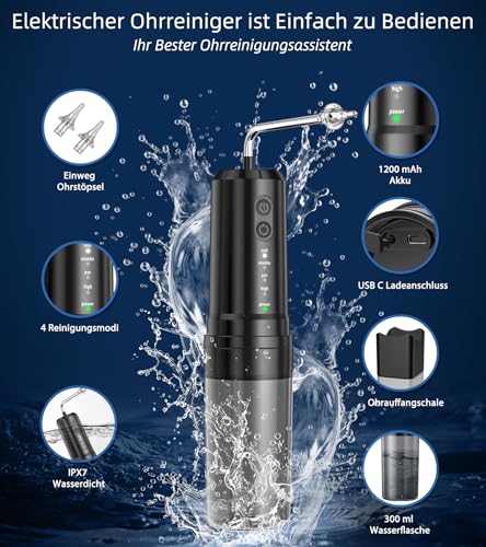 KIMTAR Ohrenschmalz Entferner, Ohrenreiniger Elektrischer Ohrendusche Mit 4 Druckmodi IPX7 Wasserdicht Wiederaufladbar, 10 Düsen Ohr Reinigung für Erwachsene Kinder zu Hause Schwarz