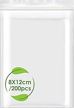 200 Plastic Zip Seal Bags, 8 x 12 cm, Transparent Zip Bags, Small Zip Bags, Airtight, Self-Closing, Large Reusable for Food, Kitchen, Office Storage