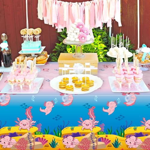 Image of Axolotl Plastic Table Cover - 3 Packs(54x108 Inch) Pink Axolotl Disposable Rectangle Plastic Tablecloth Birthday Theme Party Decoration Decor Supplies Table Cloth Giant Coloring Baby Shower