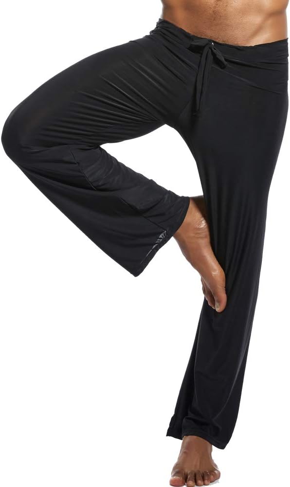 Men Soft Ice Silk Long Yoga Pants Sexy Low Rise Elastic Drawstring Sleep Bottoms - Image 3