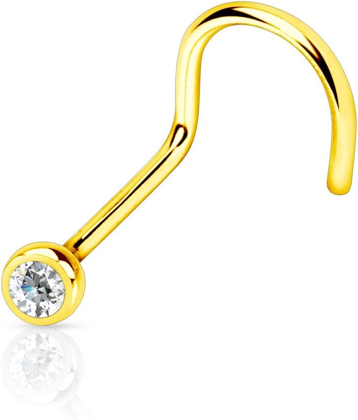 (2 Pieces 14k Gold Plated Nose Screw with Press Fit Clear CZ Gem Plated Over (316L) Surgical Steel