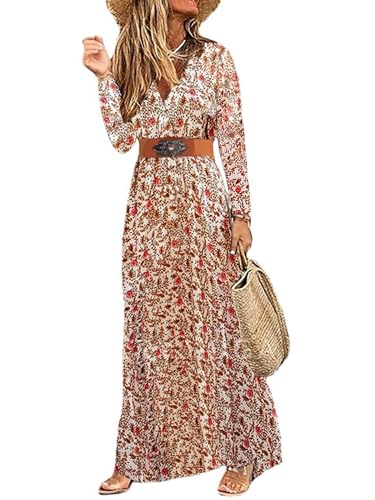 MessBebe Womens 2024 Floral Maxi Dress Wrap V Neck Long Sleeve Beach Party Flowy Long Boho Dresses with Belt Red