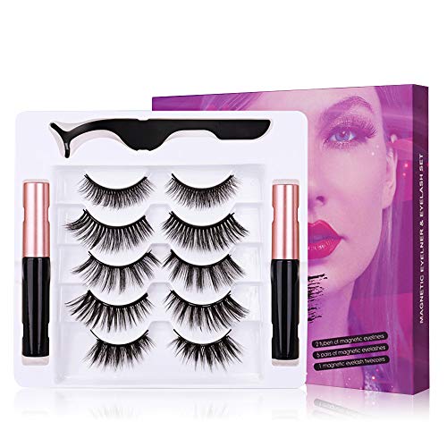 Magnetic Eyelashes with Magnetic Eyeliner Kit, 5 Pairs of Reusable 3D Magnetic Lashes Pack With Tweezers Inside and Natural Look - No Glue Needed