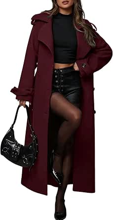 Women's Long Wool Trench Coat Oversized Notch Lapel Double Breasted Belted Maxi Winter Pea Coat