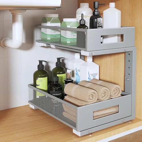Image of Under Sink Organizer, 2-Tier Dual Pull Out Cabinet Organizer Drawers With Smooth Circular Rail,Large Capacity Metal Mesh Sliding Shelves For Bathroom& Kitchen Storage,Height Adjustable-Gun Gray,1 Pack