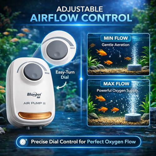 Image of BL-199SA Aquarium Air Pump Dual Outlet with Adjustable Flow Control, 3W Powerful Oxygen Aerator (2x3.4L /Min) Silent Fish Tank Air Pump with Free 3M Air Tube & 2 Airstones for All Aquariums