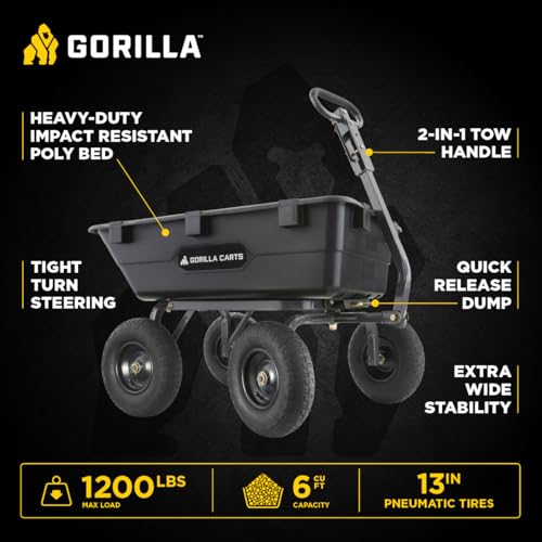 Image of Gorilla Carts Heavy-Duty Poly Yard Dump Cart, 6 Cu Ft Tub, 1200 lb Haul Capacity, Black - Towable Utility Wagon with Quick-Release Dumping & Pneumatic Tires for Landscaping and Gardening