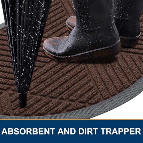Image of Smiry Half Circle Front Door Mat Outside Entrance, Heavy Duty Sturdy Natural Rubber Doormat, Trap Dirt and Moisture, Low Profile Mats for Indoor Outdoor Entry, Irregular Triangle (47x32, Dark Brown)