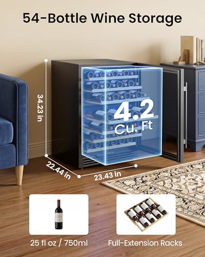 Image of 24 Inch Wine Cooler Refrigerator, 54 Bottle Wine Fridge, 40-65F Dual Zone UV-Resistant Glass Door, Quiet Compressor Cooling, Built-in or Freestanding Fridge for Home /Bar /Kitchen, Black
