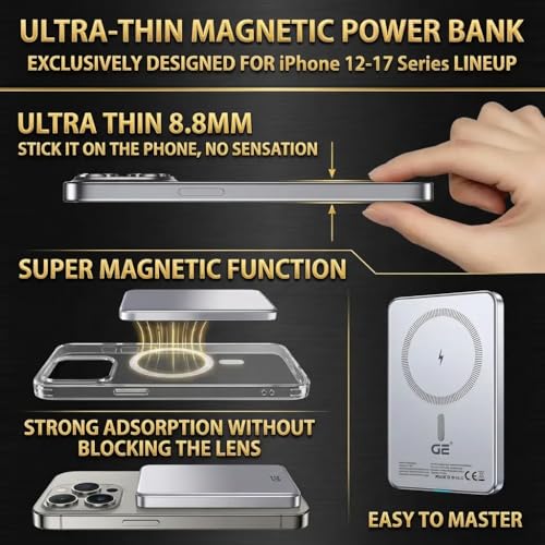 Image of GE 5000mAh Magnetic Qi Power Bank - 20W Fast Charge (Wired & Wireless) | UltraSlim Portable Charger | USB‑C Charging Kit Included | Compatible with iPhone 12-17 | OEM | New 2026 | Made in Korea.