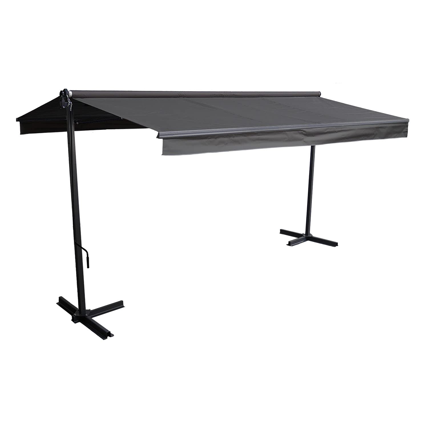 Store Double Pente Frene sur Pieds de Dimensions 3,95 x 3 m, Toile Anthracite et Structure Grise