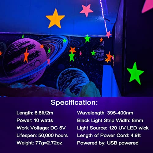 6.6Ft/2M Led Black Light Strip - 120 Units Led Uv Wick 395-400Nm, Usb Dc 5V Flexible Blacklight Fixtures, 10W Blacklight Strip For Indoor Decor, Glow Poster, Bedroom, Playroom, Halloween, Dark Party #TOP6