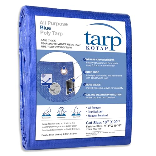 Kotap 10 x 20 Ft. All-Purpose Multi-Use Protection/Coverage 5-mil Poly Tarp, Waterproof, Blue, (TRA-1020)