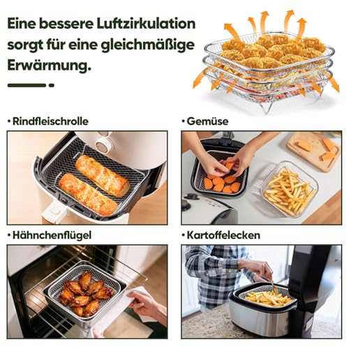 Homikit Heißluftfritteuse Zubehör, 3 Lagiges Stapelbar Edelstahl Grillrost Airfryer Zubehör mit 8 Silikonfüßen und 1 Greifklammer, Eckig Frittierkorb für Frittieren Backen, Spülmaschinenfest