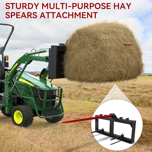 YITAMOTOR 49" Hay Spear Attachment, 3000lbs Capacity Quick Attach for Bobcat Tractors & Skid Steer Loader with 1pc 49" Red Hay Spear & 2pcs 17" Black Stabilizer Spears Spike Fork Tine