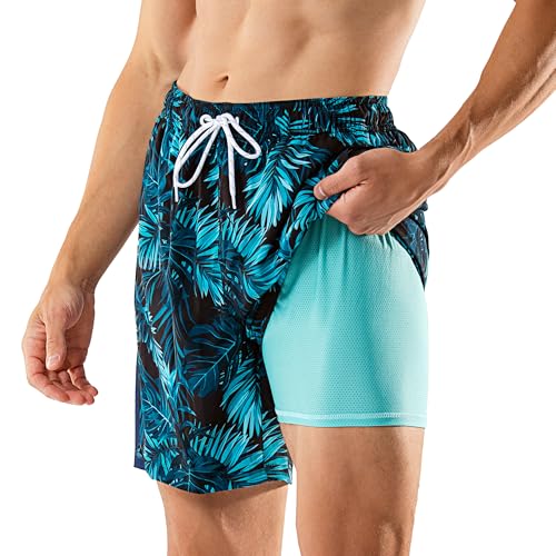 BRISIRA Mens Swim Trunks Swim Shorts 7 inch Compression Liner Bathing Suit Beach Shorts Swimwear Stretch Quick Dry Pockets