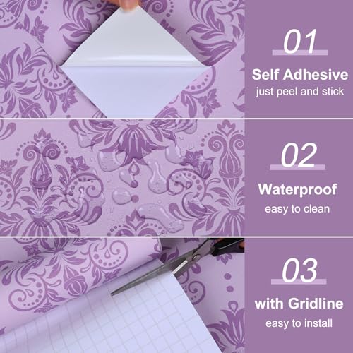 VaryFloral Purple Damask Wallpaper Peel and Stick 17.7"x157" Victorian Purple Floral Wallpaper Elegant Violet Damask Contact Paper for Bedroom Living Room Cabinets Removable Self Adhesive Wall Paper by VaryFloral - Used condition - Image 7