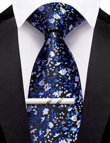 Image of Barry.Wang Floral Ties for Men Flower Necktie with Tie Clip Formal