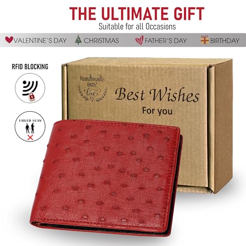 Image of HATA Red Black Ostrich Leather Bifold Wallet for Men, Double-Sided Ostrich Billfold with RFID Blocking, Handmade Leather Wallet Gift for Birthday, Anniversary, Father's Day VINAMOS-71