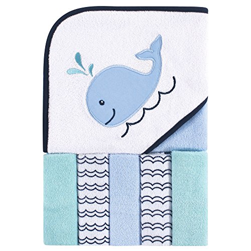 Image of Luvable Friends Unisex Baby Hooded Towel with Five Washcloths, Cotton, Boy Whale, One Size