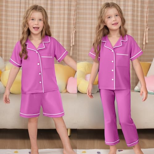 LQSZ 3-Piece Girls Pajamas Set Soft Silk Satin Short Sleeve Button-Down Sleepwear Nightwear Loungewear for Kids 3-12 Years2