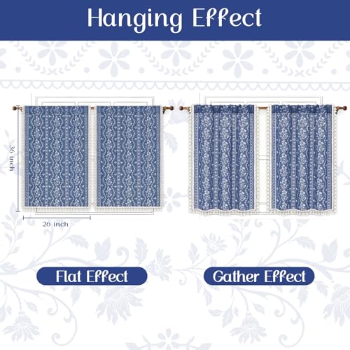 Image of Yinhua Boho Kitchen Curtains 36 Inch Length Vintage Linen Cafe Curtains Light Filtering Bohemian Floral Tier Rod Pocket Farmhouse Rustic Tassel Small Drapes with Tiebacks, 2 Panels, Blue