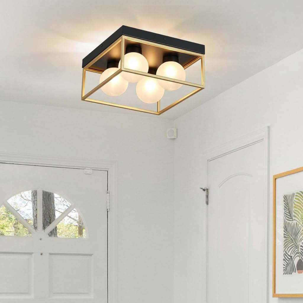 AGV LIGHTING Modern Flush Mount Ceiling Light, Black and Gold Ceiling Light Fixture with 4 Frosted Glass Globes, Semi Flush Mount Ceiling Lamp for Bedroom Kitchen Hallway Entryway