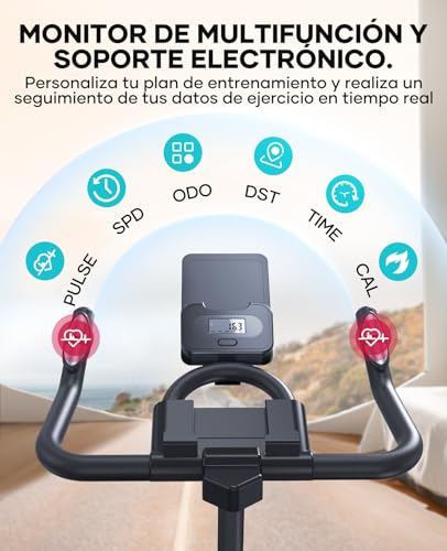 Miniatura 6 de Toputure Bicicleta Estática para casa con Amortiguación Mejorada y APP | Volante 15 kg, Estructura reforzada, Asiento cómodo para largas sesiones, Pulsómetro, Altura 155-195 cm, Máx 160 kg