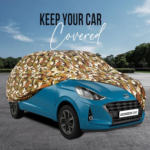 Image of Allextreme 100% Waterproof Car Body Cover for Grand i10 Nios All Model & Year Triple Stitched with Mirror Pockets Full Bottom Elastic Dustproof & UV Resistant All-Weather Protection (Military /Army)