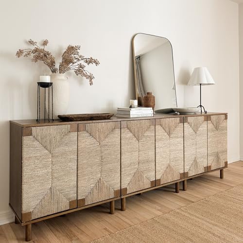 Image of Nathan James Beacon Boho Accent Cabinet with Doors, TV Stand with Adjustable Interior Shelf and Seagrass Accent, Dark Brown, Set of 2