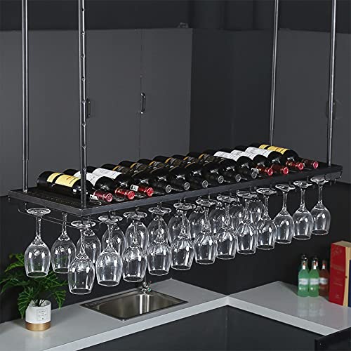 GHHDPXM Wrought Iron Wine Rack | Hanging Wine Rack | Adjustable Metal Ceiling Wine Glass Rack | Modern Simple Style | Kitchen Restaurant Bar Decoration,Black,60cm x 35cm x 8cm