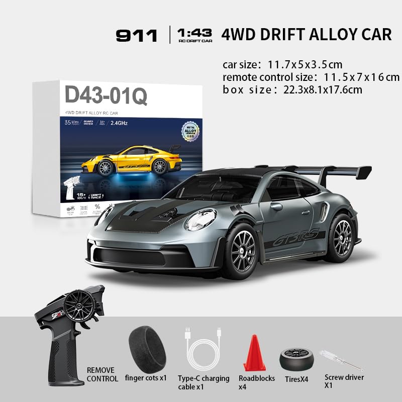 NULA 1:43 RC Auto Drift Car 20KM/H mit Gyro, 2.4GHz 4WD Vollproportionales Sportwage-Rennfahrzeug, Einstellbare Geschwindigkeit & LED-Beleuchtung für Jugendliche & Erwachsene – D43-01/02