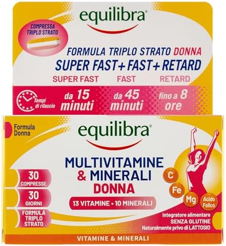 Equilibra Integratori Alimentari, Multivitamine &amp; Minerali Donna, Integratore Tripla Azione di Magnesio, Ferro, Acido Folico e Vitamina C, Senza Glutine, 30 Compresse Triplo Strato a Rilascio Graduale Generico - integratore