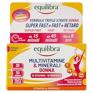Equilibra Integratori Alimentari, Multivitamine & Minerali Donna, Integratore Tripla Azione di Magnesio, Ferro, Acido Folico e Vitamina C, Senza Glutine, 30 Compresse Triplo Strato a Rilascio Graduale