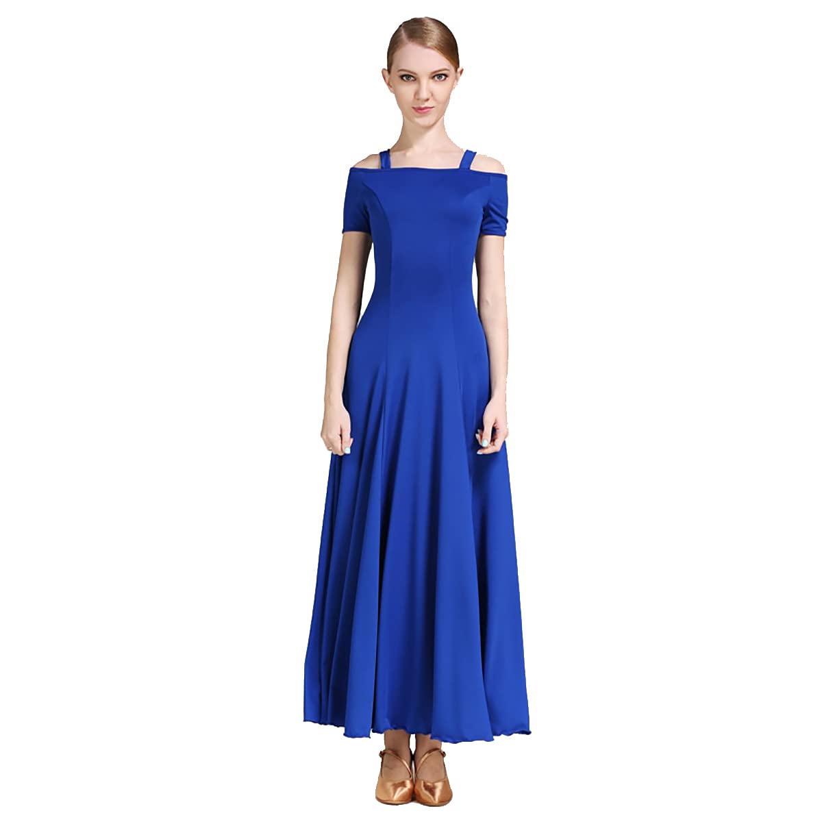Kobieta? moda seksowna sukienka na ramię solidna długa sukienka na imprezę elegancka sukienka nowoczesna walc ubrania do tańca balowego taniec duża spódnica swingowa odzież performance (L, niebieski)