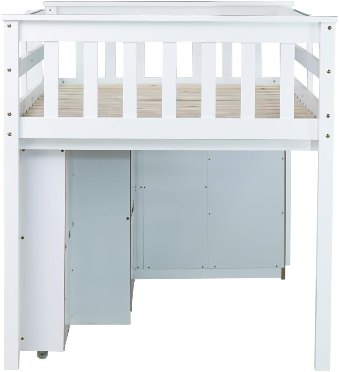 Twin Loft Bed with Pull-Out Desk, Storage Cabinet & Drawers, White Rubber Wood Bunk Bed for Kids Room, Space-Saving Study Sleeper