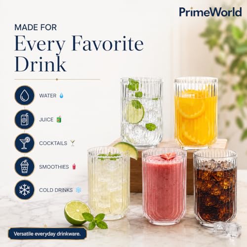 Image of PrimeWorld Vintage Ribbed Drinking Glasses Set of 4-520 ml | Heavy Big Size Art Deco U-Shape Arch Design Colored Glass Tumblers for Water, Juice, Cocktails | Decorative Party Glassware