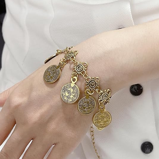 Vintage Engraved Coin Statement Bracelet Bohemian Tribal Ethnic Coins Tassel Barefoot Sandals Retro Boho Gypsy Anklet Foot Hand Chain Fashion Summer Beach Belly Dance Jewelry Accessories for Women4